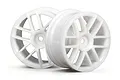 Two white HPI Racing RC car rims with a split 6-spoke design, shown against a plain white background.