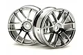Two HPI Racing 1.9-inch chrome split-six spoke RC car rims positioned against a white background.