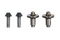 A set of four metal RC drive axle gears, including two pinion gears and two larger bevel gears, arranged on a white background.