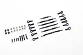A set of FMS Land Cruiser 80 metal suspension rods, including threaded rods, rod ends, screws, and nuts, laid out on a white background.