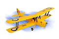 A yellow Phoenix Model Tiger Moth RC biplane kit shown in a studio setting with a blue motion blur effect.