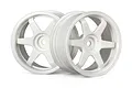 Two white HPI Racing TE37 style RC car rims with a six-spoke design against a white background.