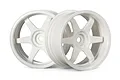 Two white HPI Racing TE37 style RC car rims with a 6mm offset, shown from a front-quarter angle against a white background.