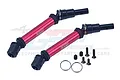 Two GPM Racing red aluminium and black steel CVD driveshafts with included screws and rings on a white background.