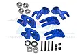 A set of blue anodized aluminium RC car hub carriers and steering knuckles with included bearings, screws, and nuts.