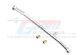 A silver GPM Racing aluminium steering tie rod for RC cars, shown with two small brass bushings against a white background.