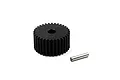 A black Delrin 33T idler gear and a small metal shaft pin isolated on a white background.