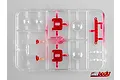 A plastic sprue containing various transparent and red-tinted RC car light housing parts on a white background.
