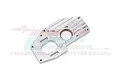 Silver aluminium motor mounting plate for RC cars by GPM Racing, featuring machined cooling fins and mounting holes.