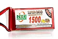 NXE Super-Nano 1500mAh 30C LiPo battery pack with a red soft case and visible wiring.