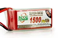 NXE Power 1500mAh 30C soft case LiPo battery with red casing and black and red wires extending from the side.