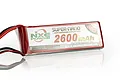 NXE Power 2600mAh 40C soft case LiPo battery with red casing and black and red wires.