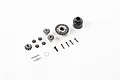 FMS metal differential gear set including various small gears, screws, a housing, and pins laid out on a white background.