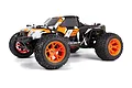 Maverick Quantum2 MT 1/10 scale RC monster truck in orange and black with aggressive treaded tires and a detailed body shell.