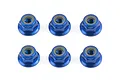 Six blue anodized aluminium 4mm flanged nyloc nuts arranged in two rows of three against a white background.