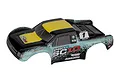 Team Associated 1/10 Pro2 SC10 pre-painted short course truck body shell in yellow, turquoise, and black.