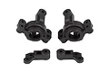 A pair of black plastic steering hubs and a pair of steering arms for an RC car, isolated on a white background.