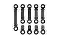 A set of black plastic RC car suspension linkages and rod ends arranged on a white background.