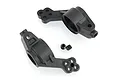Two black plastic RC rear hub carriers and two small metal grub screws isolated on a white background.