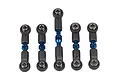 A set of five blue anodized aluminium turnbuckles with black plastic ball ends arranged vertically against a white background.