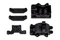 A set of black plastic RC gearbox and mounting components from Team Associated, displayed against a white background.