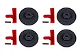 A set of four Team Associated RC wheel hexes with simulated red brake calipers and metal pins on a white background.