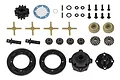 Team Associated Centre Differential Gear Set components including plastic gears, metal bevel gears, cross pins, screws, and washers on a white background.