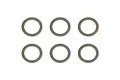 Six small, thin, circular metal shims arranged in two rows of three against a white background.
