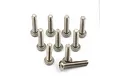 A set of ten silver-coloured titanium button head screws with fine threads arranged on a white background.