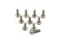 A set of ten silver-colored titanium button head screws with coarse threads arranged on a white background.
