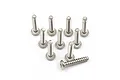 Ten silver-coloured titanium button head screws with coarse threads arranged on a white background.