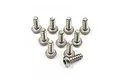 A set of ten silver-coloured titanium button head screws with coarse threads, arranged on a white background.