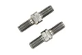 Two silver-coloured metal RC turnbuckles with threaded ends and a central hex nut section, isolated against a white background.