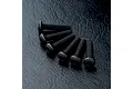 Six black metal button head screws with hex drive heads arranged in a fan shape on a textured black surface.