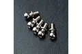 Five silver metal pivot balls with threaded shafts arranged on a textured black surface.
