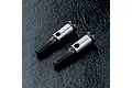 Two metallic MST front axle shafts for RC cars, featuring threaded ends and a cross-drilled hole, displayed on a black textured surface.