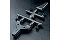 A black plastic MST front suspension arm set on a textured black surface.