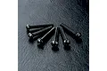 A set of six black metal button head screws with hex sockets arranged in a fan shape on a textured black surface.