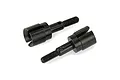 Two black metal RC wheel axles with threaded ends and drive cups, isolated on a white background.