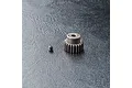 A steel 22T 48dp pinion gear and a small grub screw sitting on a textured black surface.