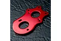A red anodized aluminium motor mount plate for an RC car, featuring multiple mounting holes and a distinct figure-eight shape.