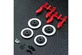 MST aluminium 12mm disc brake wheel hexes set including four brake discs, red plastic brake calipers on a sprue, small screws, pins, and O-rings.
