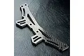 A carbon fibre rear shock tower for an MST RC car, featuring multiple mounting holes and a lightweight, cut-out design on a textured black surface.