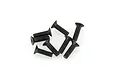 A small pile of eight black metal countersunk screws with fine threads on a white background.