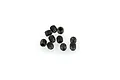A small pile of ten black metal grub screws with hexagonal sockets, arranged on a plain white background.