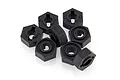 A pile of eight black plastic 12mm wheel hex adapters for RC cars on a white background.