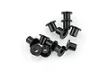 A collection of small black flanged bushings for RC car steering hubs on a white background.