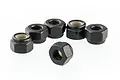 A set of six black steel 3mm nyloc nuts arranged on a white background.
