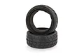 Two black rubber RC touring car tyres stacked on top of each other against a white background.