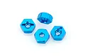 Four blue anodized aluminium 12mm hex wheel adapters for RC cars arranged on a white background.
